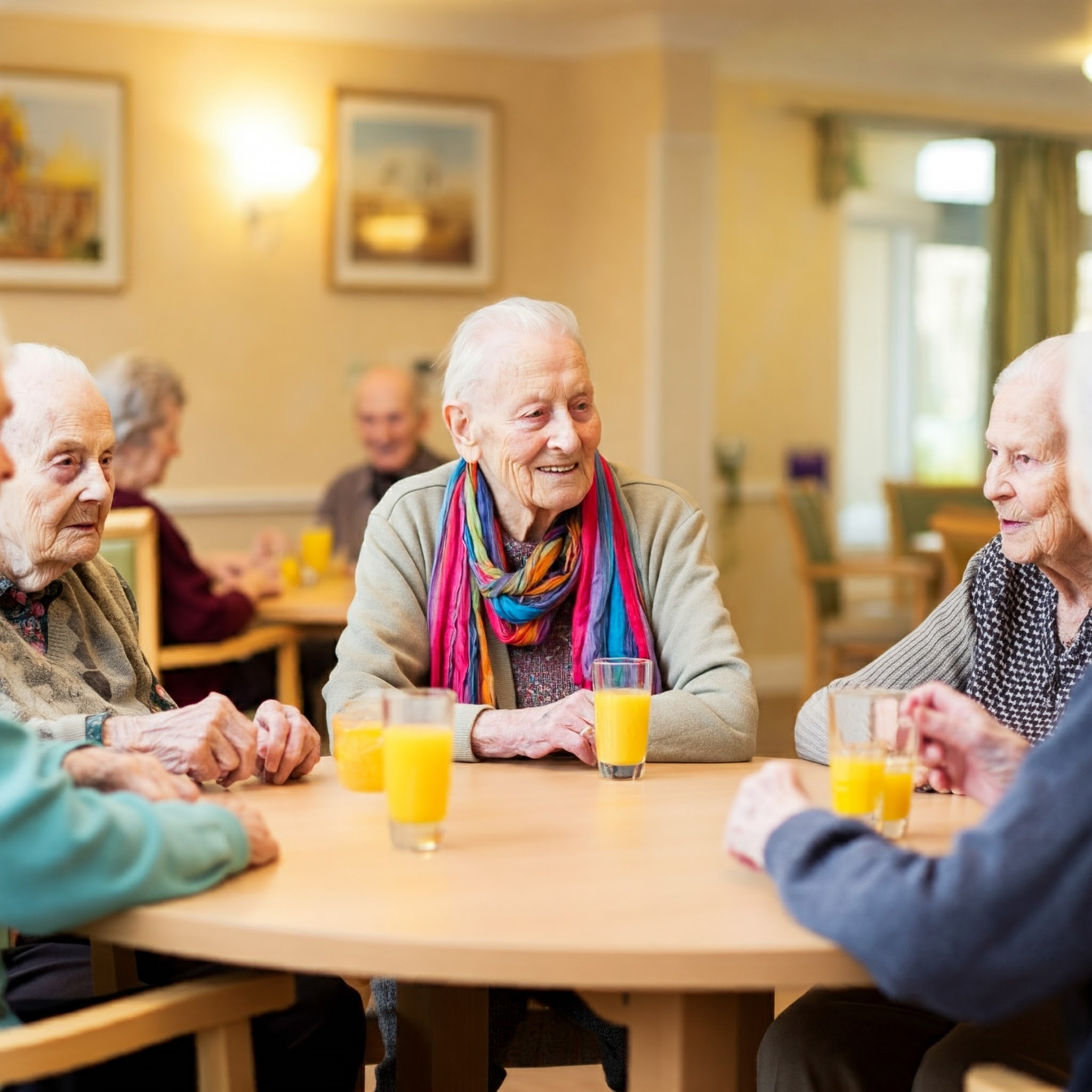 Residents sat around a dining table drinking juice