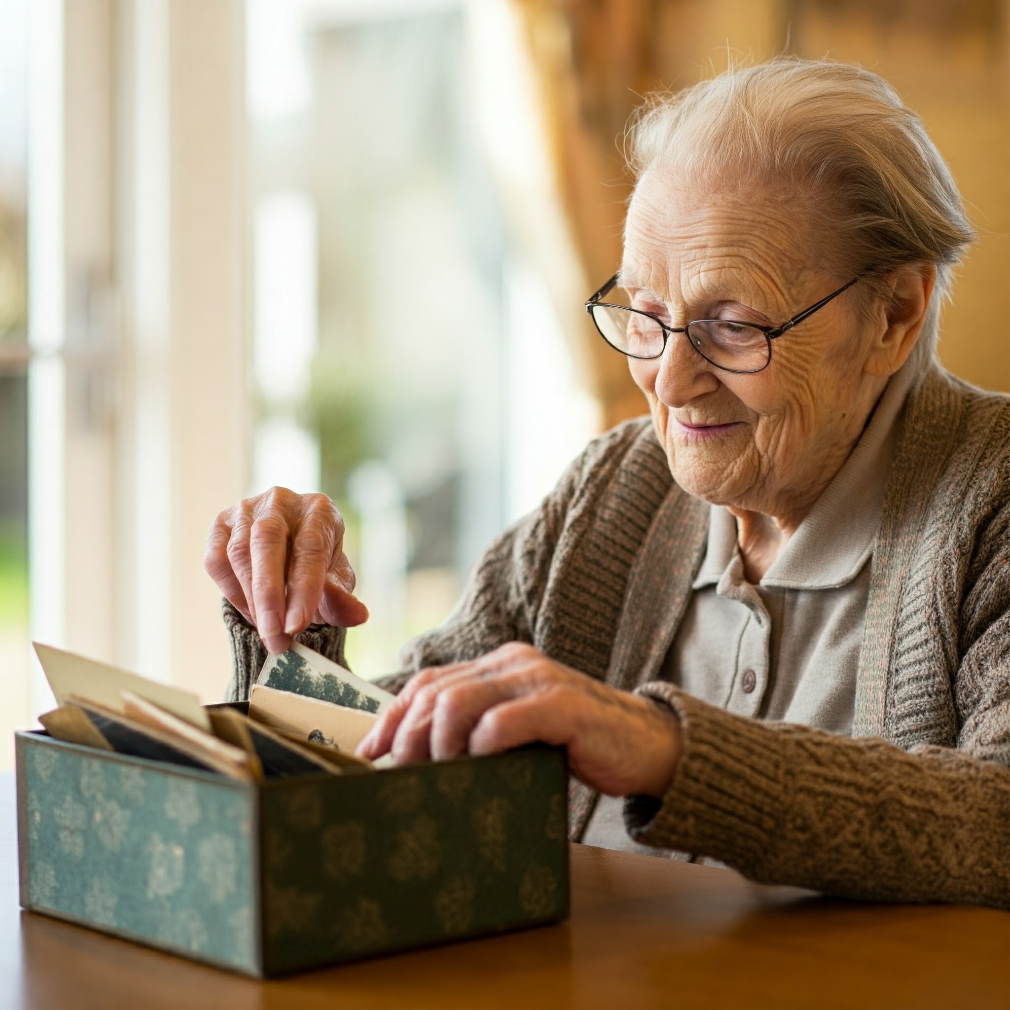 A resident looking through a memory box