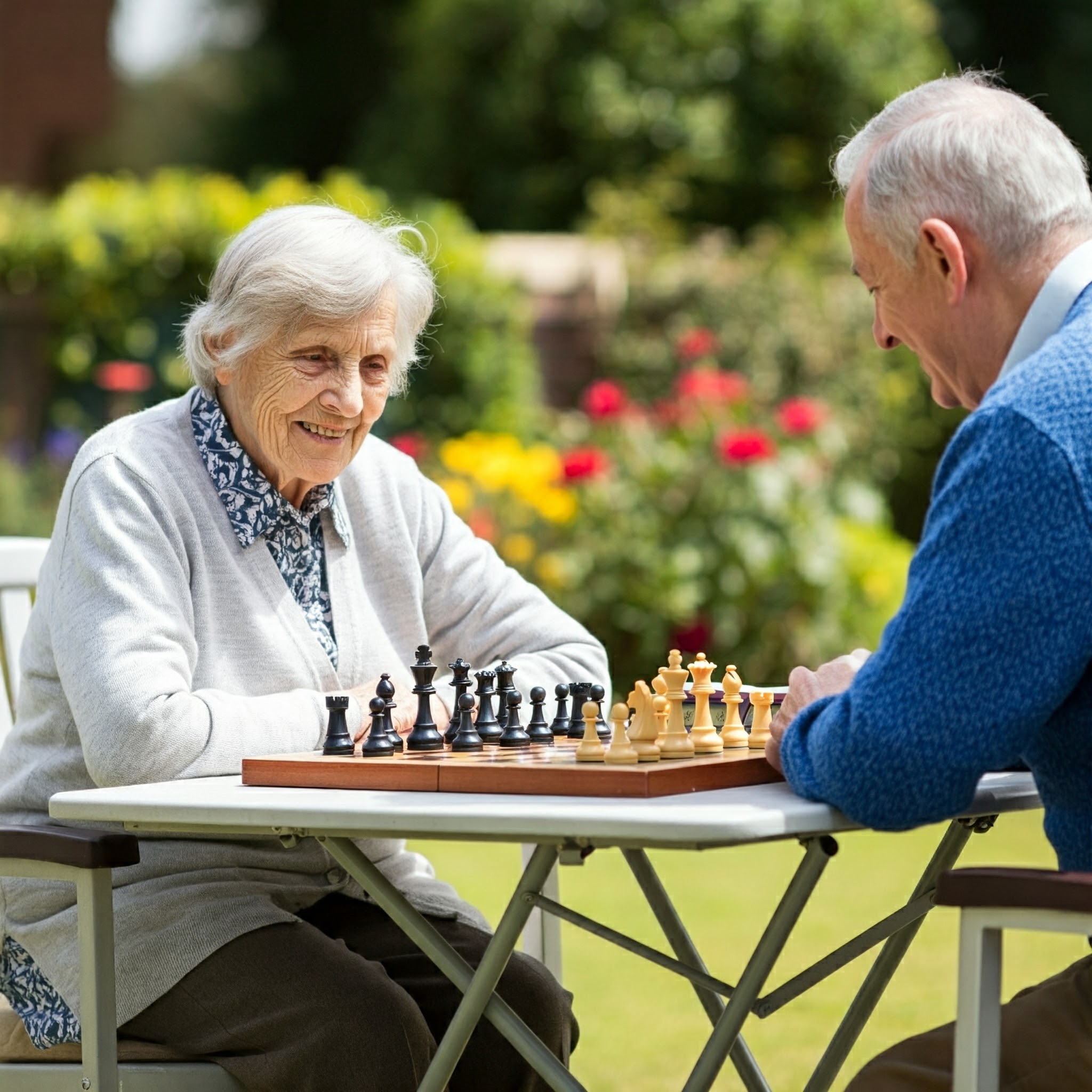 Residents playing chess in the garden