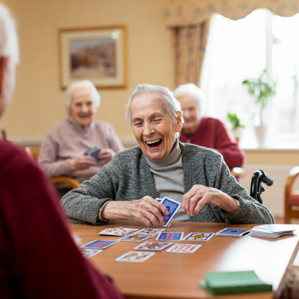 Residents sat around a table laughing whilst playing cards.